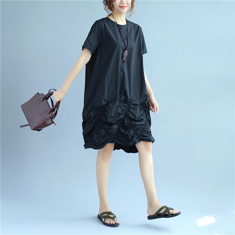 Cotton Women Loose Folded Summer Irregular Black Dress - Omychic