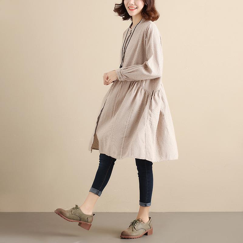 Splicing Pleated Literature Single Breasted Loose Beige Lattice Women Dress - Omychic