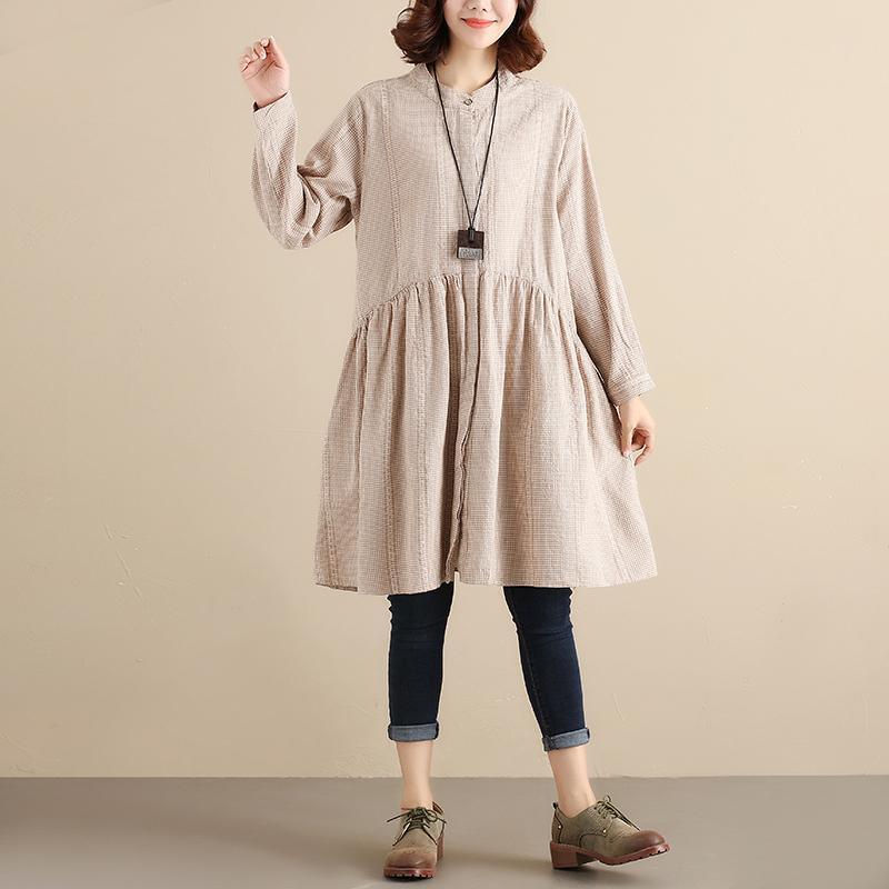 Splicing Pleated Literature Single Breasted Loose Beige Lattice Women Dress - Omychic