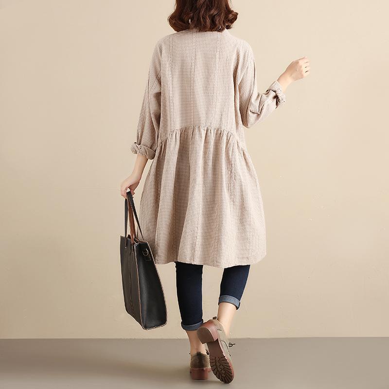 Splicing Pleated Literature Single Breasted Loose Beige Lattice Women Dress - Omychic