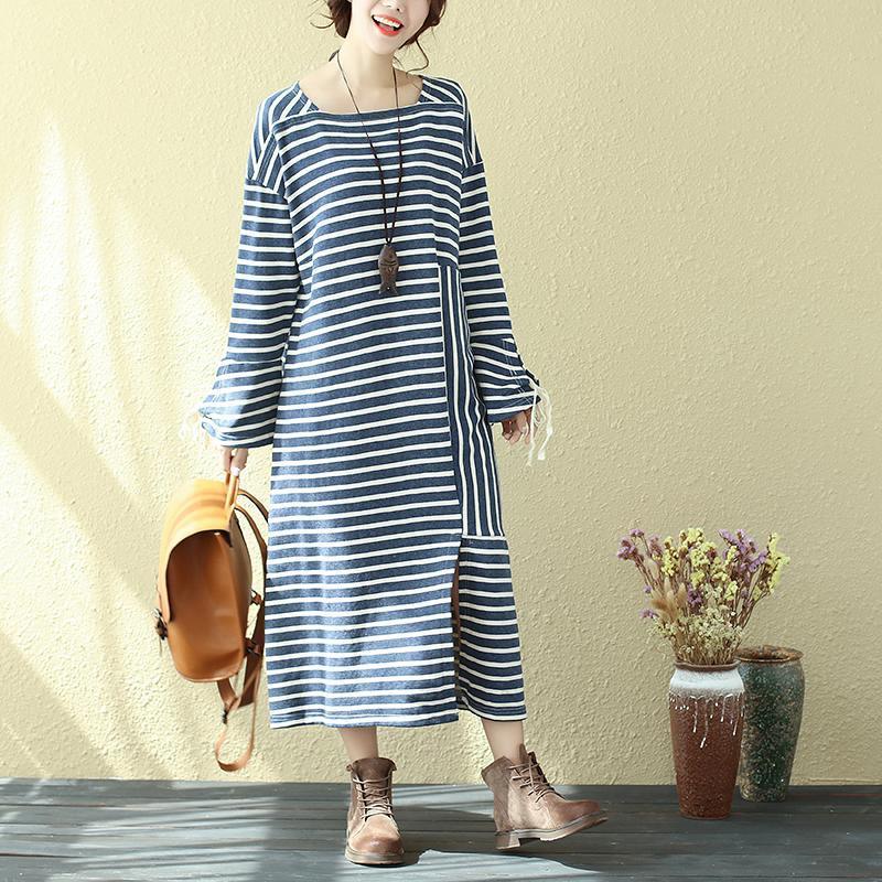 Square Neck Long Sleeve Lacing Blue Stripe Splitting Dress For Women - Omychic