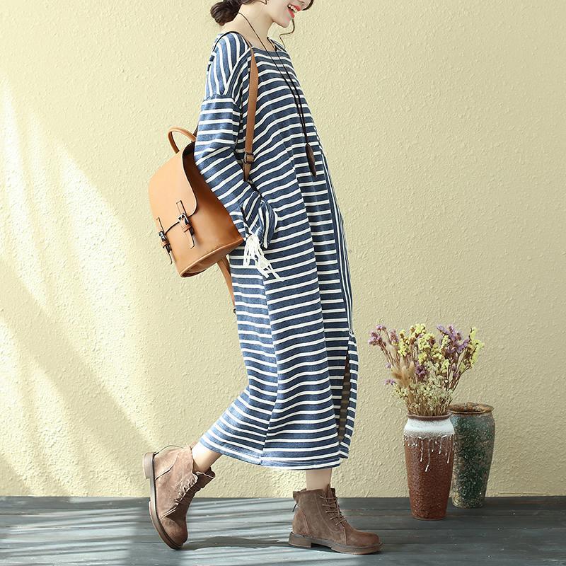 Square Neck Long Sleeve Lacing Blue Stripe Splitting Dress For Women - Omychic