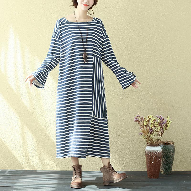 Square Neck Long Sleeve Lacing Blue Stripe Splitting Dress For Women - Omychic