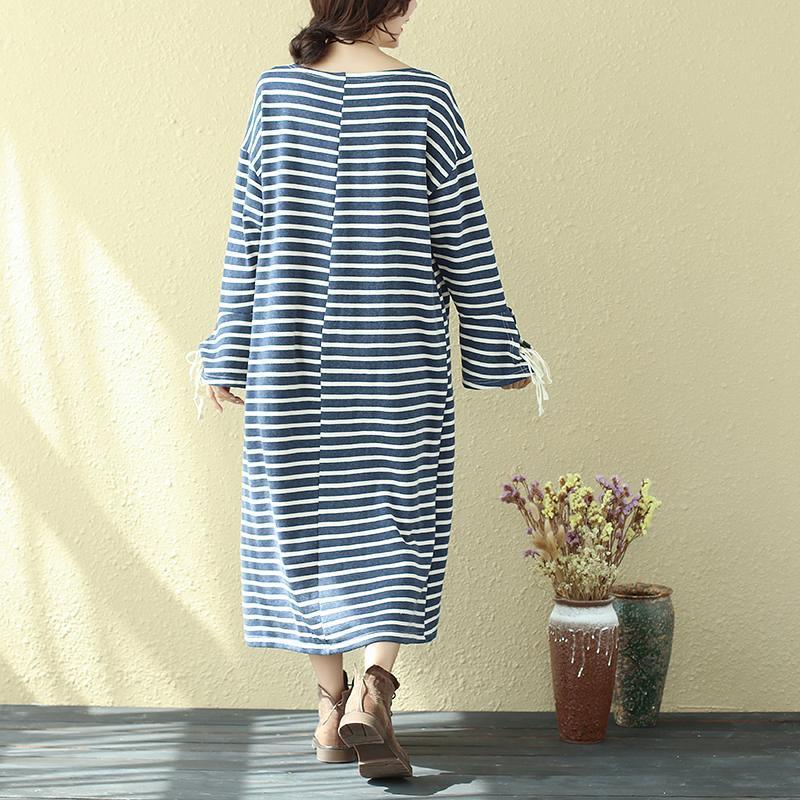 Square Neck Long Sleeve Lacing Blue Stripe Splitting Dress For Women - Omychic