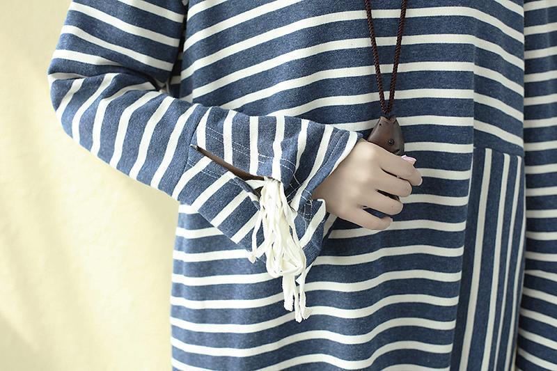 Square Neck Long Sleeve Lacing Blue Stripe Splitting Dress For Women - Omychic