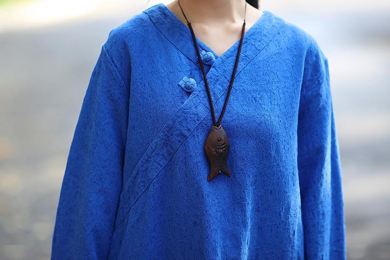 Vintage Women Loose Long Sleeve Split Blue Dress - Omychic