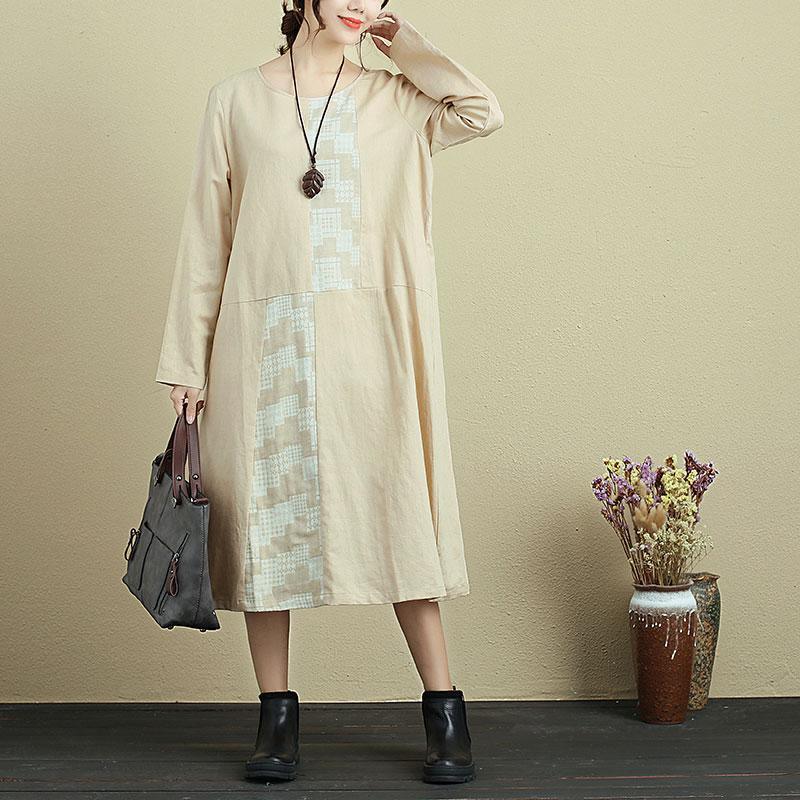 Women Round Neck Long Sleeve Casual Loose Beige Dress - Omychic