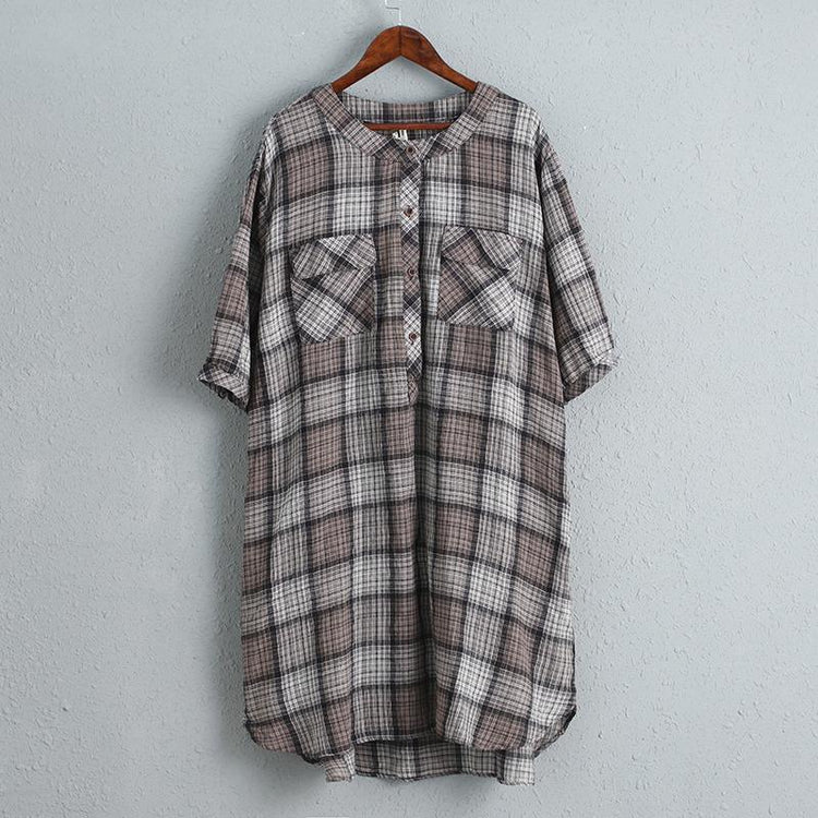 Women Cotton Linen Dress Casual Plaid Dress ( Limited Stock) - Omychic