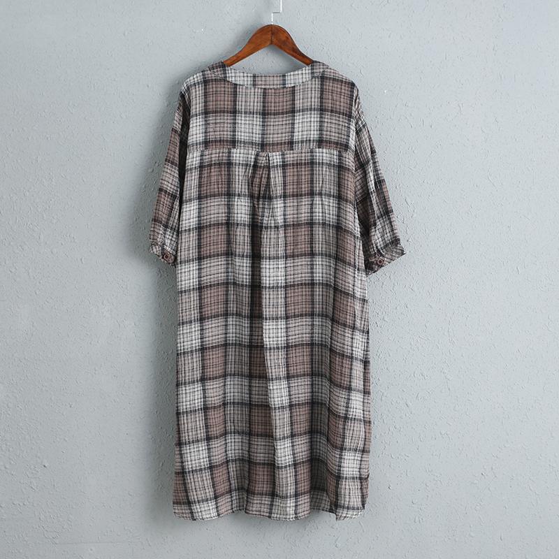 Women Cotton Linen Dress Casual Plaid Dress ( Limited Stock) - Omychic