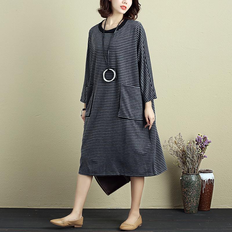 Women Round Neck Shoulder Sleeve Gray Black Stripe Dress - Omychic