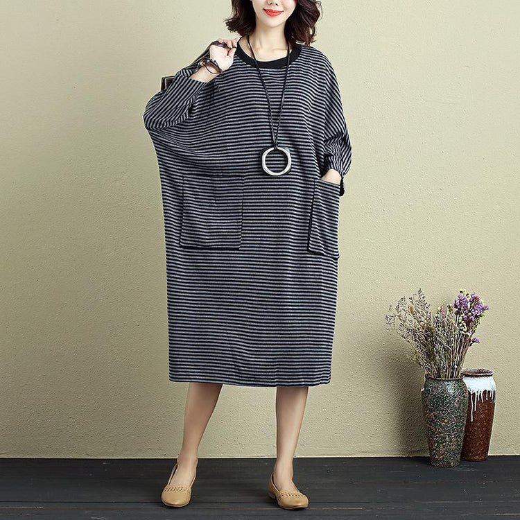 Women Round Neck Shoulder Sleeve Gray Black Stripe Dress - Omychic