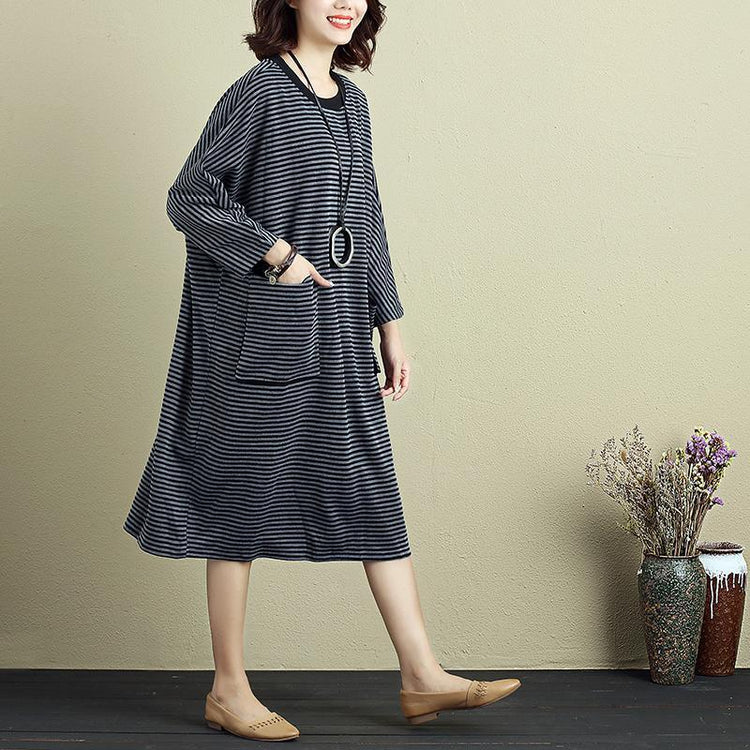 Women Round Neck Shoulder Sleeve Gray Black Stripe Dress - Omychic