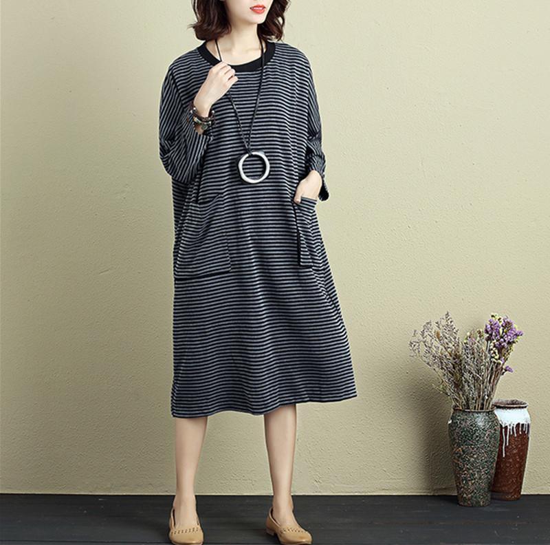 Women Round Neck Shoulder Sleeve Gray Black Stripe Dress - Omychic