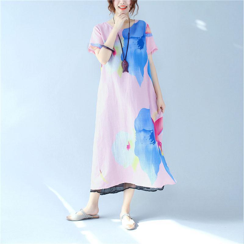 Splitting Women Summer Printing Loose Casual Linen Pink Dress - Omychic
