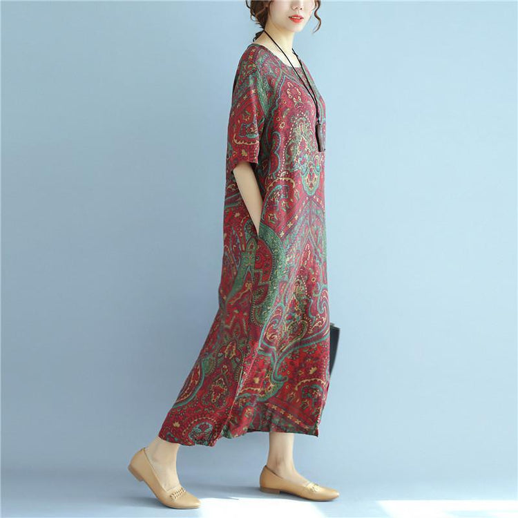 Linen Summer Loose Women Retro Printing Splicing Irregular Red Dress - Omychic