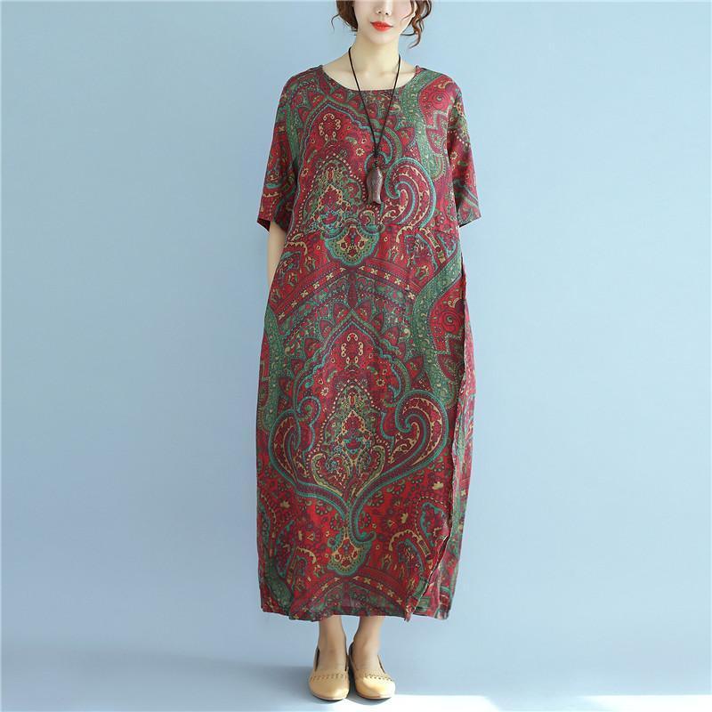 Linen Summer Loose Women Retro Printing Splicing Irregular Red Dress - Omychic