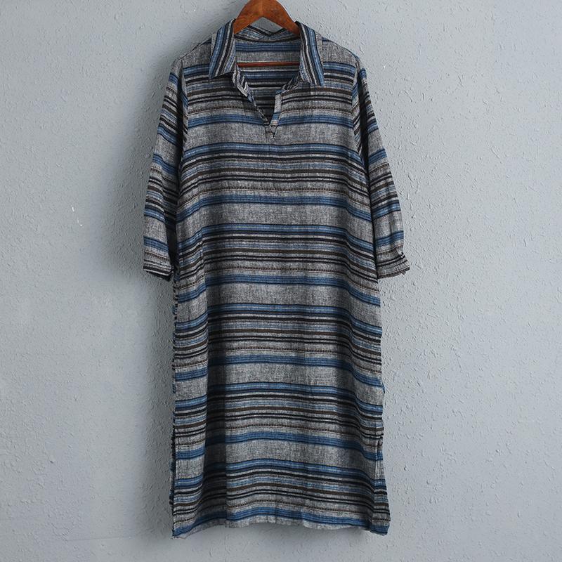 Polo Neck Three Quarter Sleeves Stripe Dress - Omychic