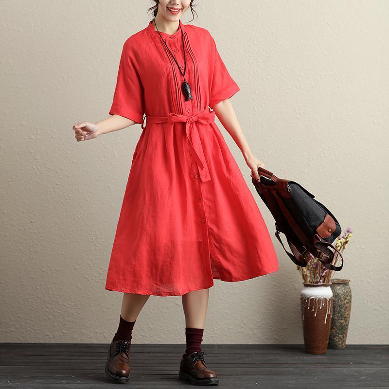 Stylish Hollowed Single Breasted Short Sleeves Ramie Pure Red Women Dress - Omychic