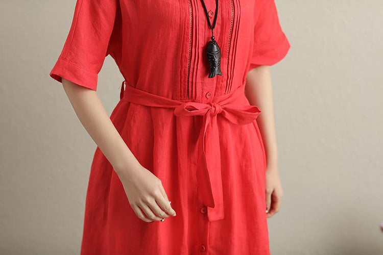 Stylish Hollowed Single Breasted Short Sleeves Ramie Pure Red Women Dress - Omychic