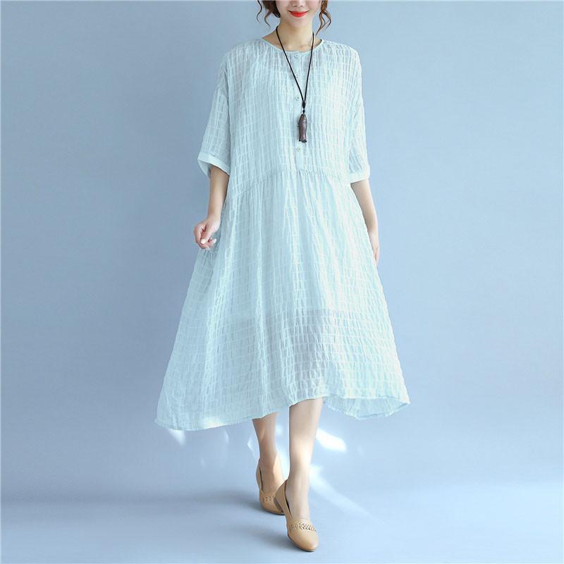 Folded Women Loose Casual Summer Plain Short Sleeves Blue Dress - Omychic