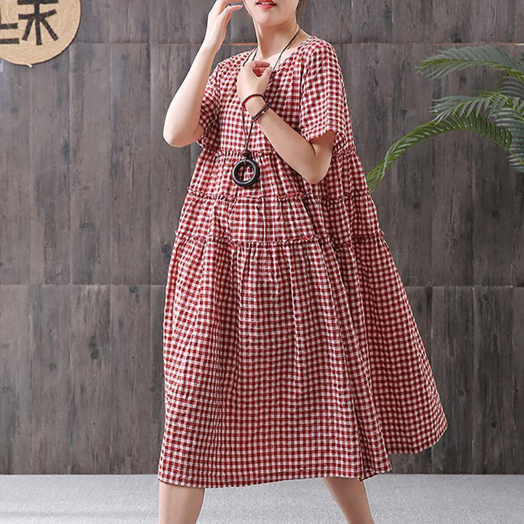 Cotton Linen Short Sleeve Plaid Dress - Omychic