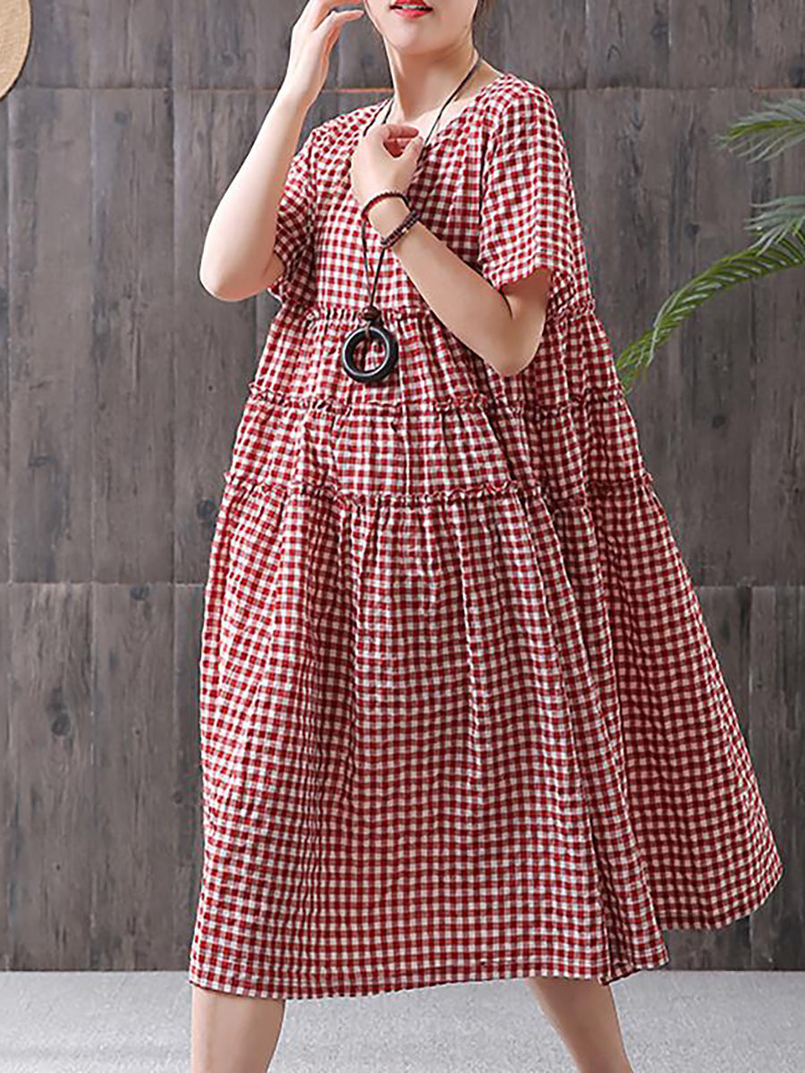 Summer Loose Cotton Plaid Dress Short Sleeve