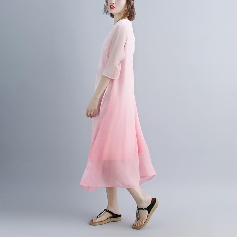 Fake Two-piece Pockets Retro Pink Summer Dress - Omychic