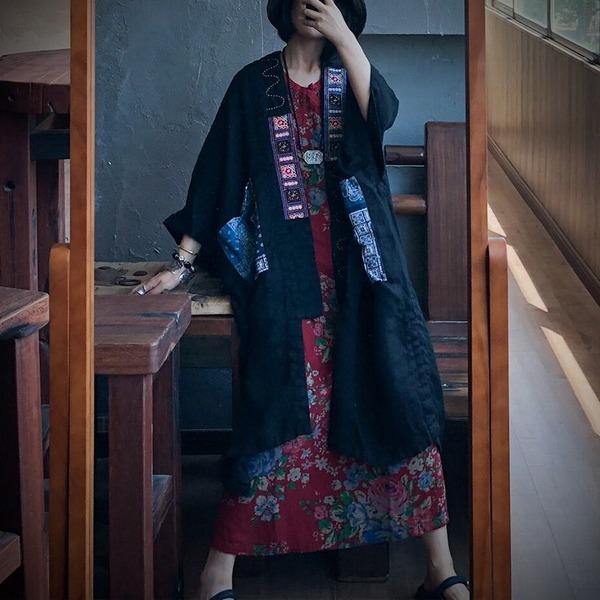 Vintage Patchwork Long Trench Linen Coats 2020  Style Trench Retro Casual Open Stitch - Omychic