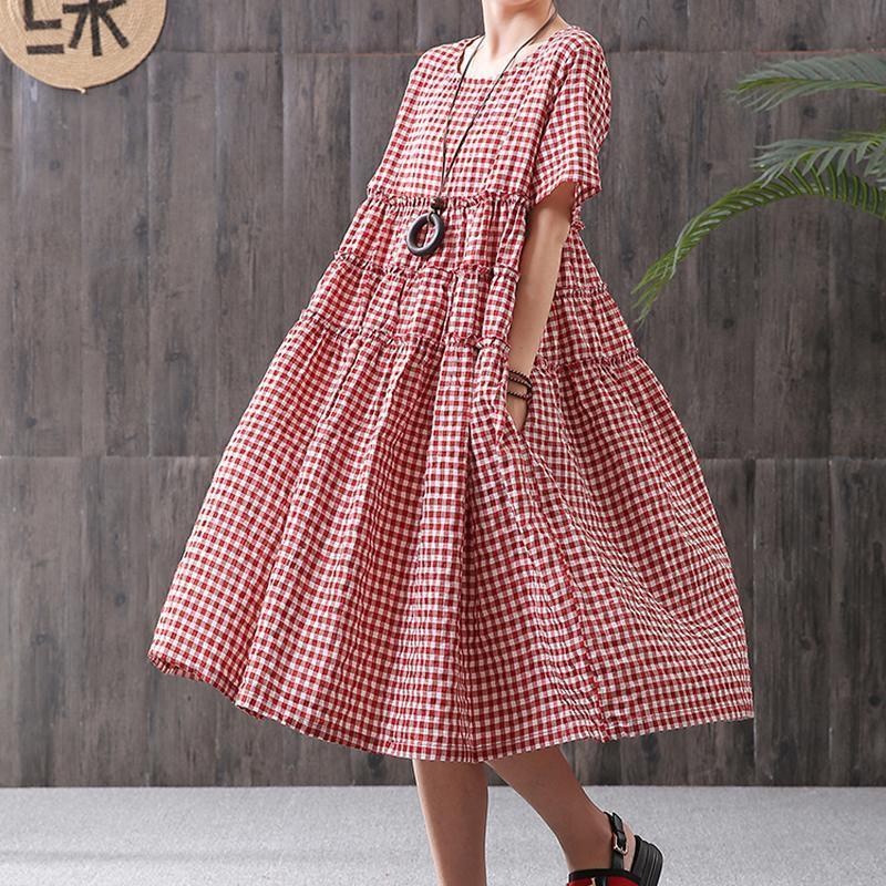 Cotton Linen Short Sleeve Plaid Dress - Omychic