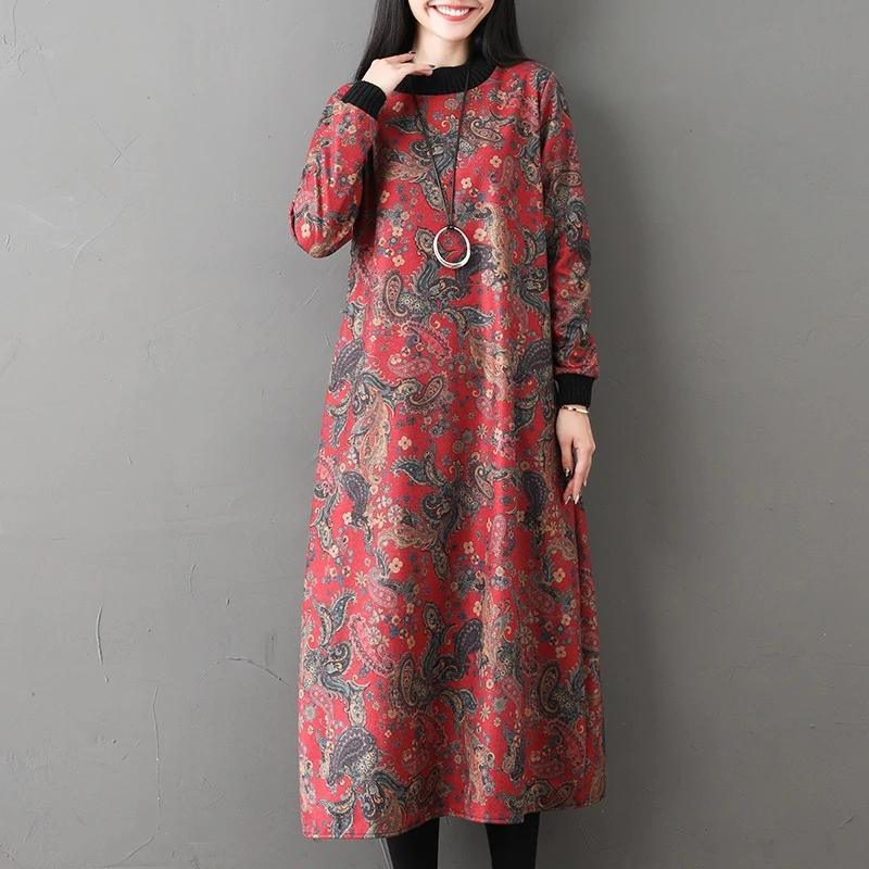 long sleeve woolen plus size vintage floral women casual loose autumn winter elegant dress clothes - Omychic
