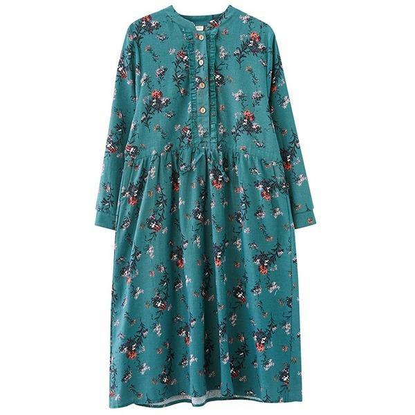 omychic plus size cotton linen vintage floral for women casual loose autumn dress - Omychic