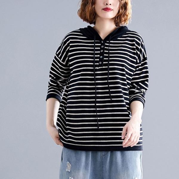 2020 Simple Style Striped Loose Comfortable Female Long Sleeve Hooded Sweatshirt - Omychic