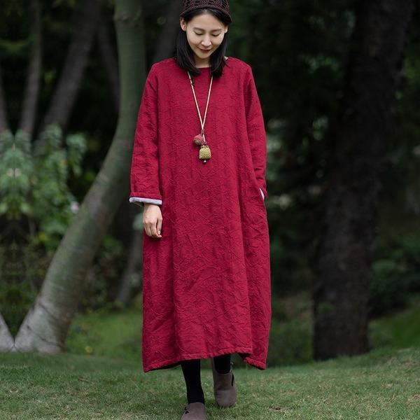 Loose Cotton Linen Jacquard Padded Dress  2020 Autumn Winter Dress - Omychic