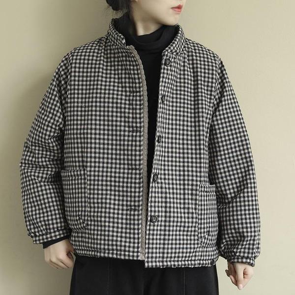 Women Vintage Plaid Parkas Button Cotton Blend Stand Pockets - Omychic