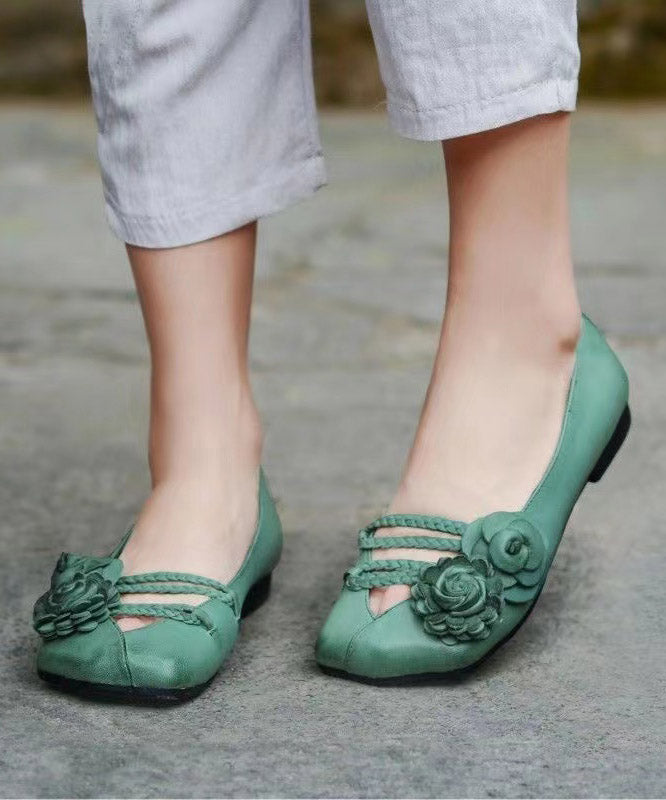 Soft Green Flower Cross Strap Leather Flat Shoes