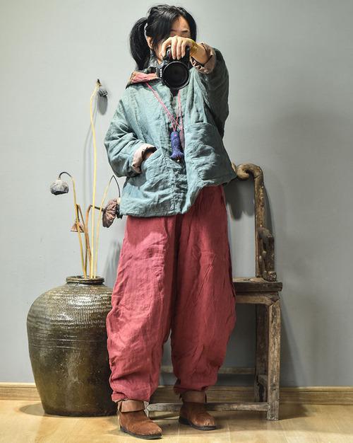 Women Linen Patchwork Hooded Coat Parkas Ladies Vintage Flax Tops Female 2020 Outerwear 2020 Autumn Winter - Omychic
