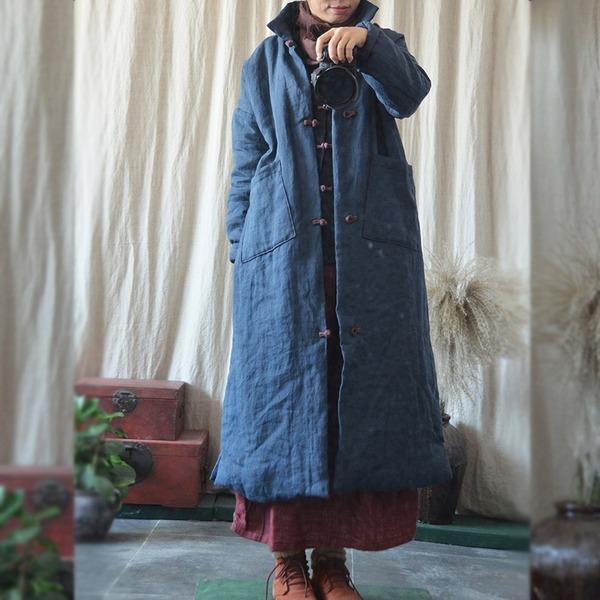 Women Winter Vintage Parkas Coats Cotton Linen Solid Color Button - Omychic