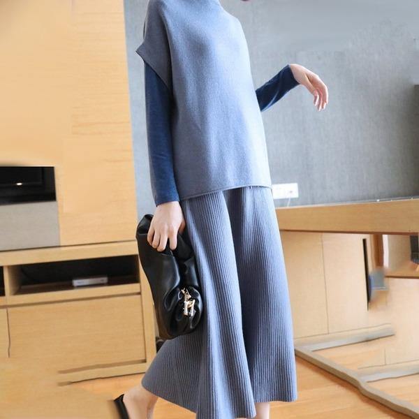 New Style Side Split Turtleneck Collar Sleeveless Pullover Loose Solid Color Slim - Omychic