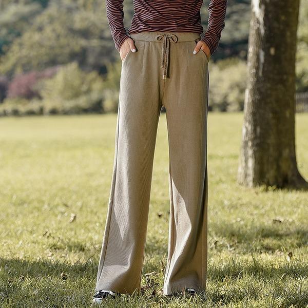 Omychic High Waist Wide Leg Pants Pockets Belt Solid Color Loose Trouser - Omychic