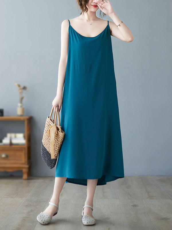 Casual Solid Color Spaghetti-Neck Midi Dress