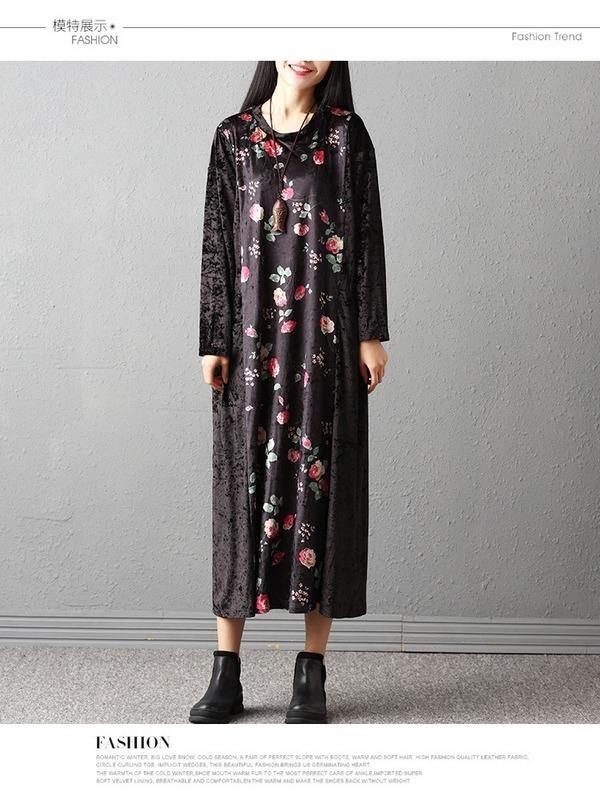long sleeve plus size velvet vintage floral for women casual loose autumn winter dress - Omychic