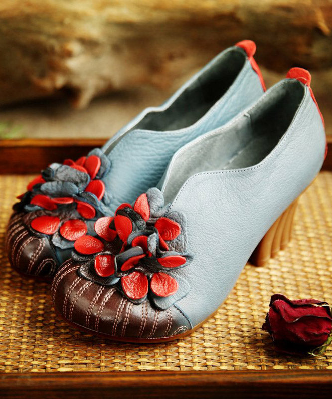 Unique Blue Cowhide Leather Shoes Flower Splicing Chunky High Heels - Omychic