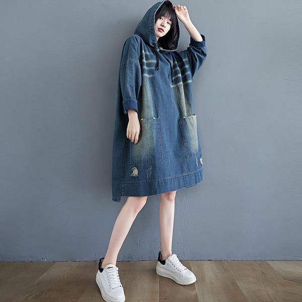 Winter Korean Vintage Style Loose Female Knee-length Jean Dresses - Omychic