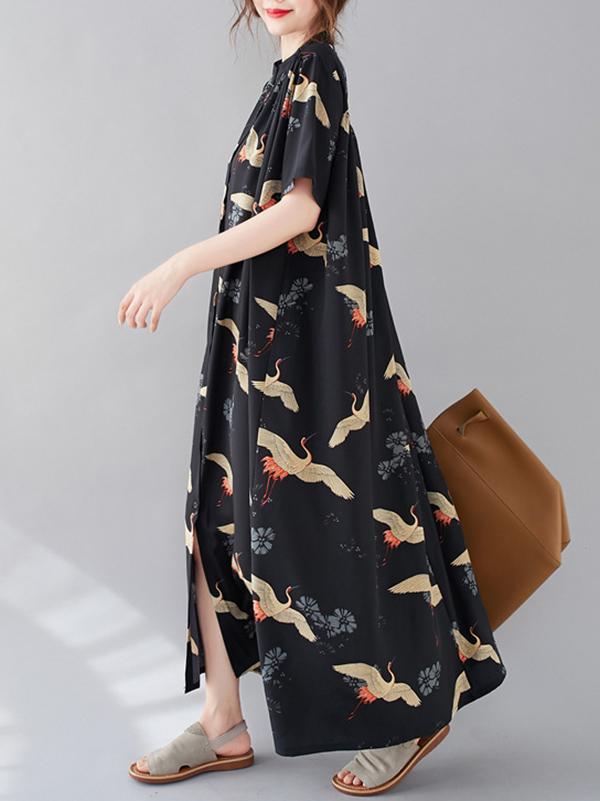 Women Summer Printed Stand Collar Shirt Dress