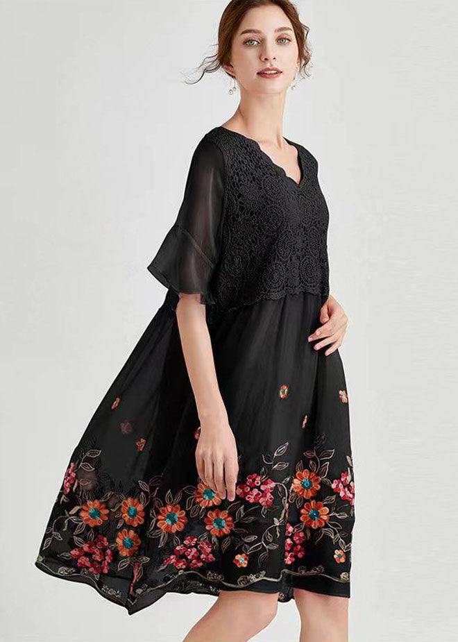 Modern Black V Neck Hollow Out Lace Dresses Spring