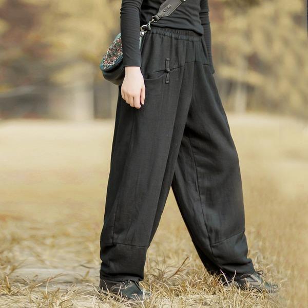 Women Black Chinese Style Wide Leg Pants Button Pockets Thick Warm Elastic Waist Trouser - Omychic