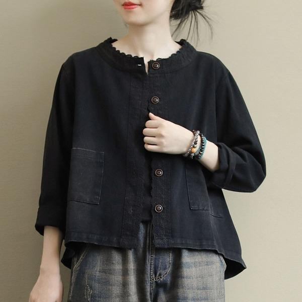 Retro Embroidery O-neck Pockets Single Breasted Long Sleeve Denim Coats - Omychic