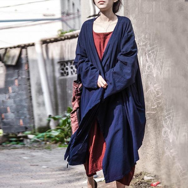 Women Cotton Linen Bandage Trench Coat  V-Neck Vintage Cardigan Irregular Clothes Trench - Omychic