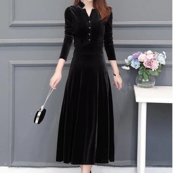 long sleeve plus size velvet vintage for women casual loose autumn winter dress - Omychic