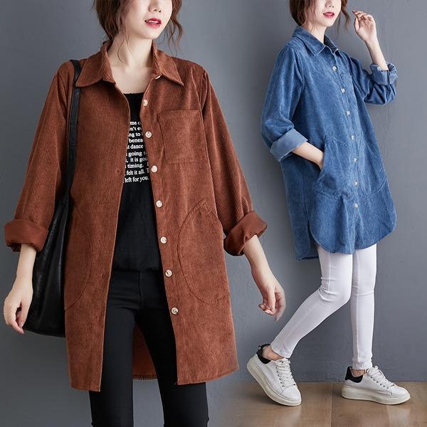 omychic plus size corduroy vintage  korean style Casual loose autumn winter shirt women blouse 2020 clothes ladies tops - Omychic